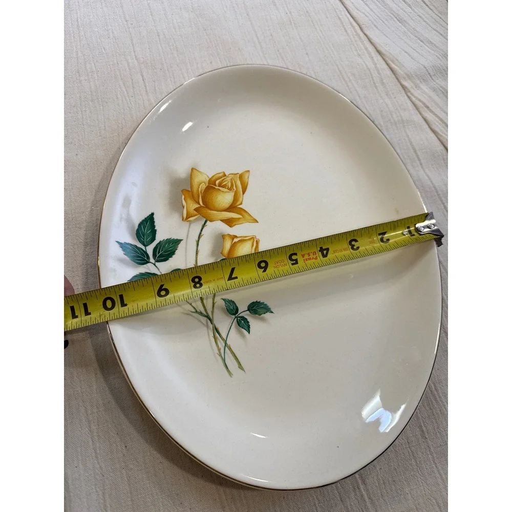 Canonsburg Pottery Simplicity Yellow Rose Oval Serving Platter Gold Trim 13in